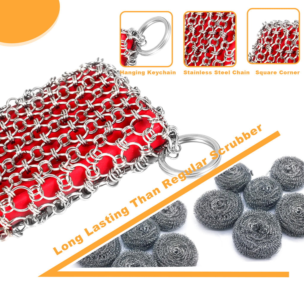 TEZZ Cast Iron Scrubber, Skillet Chainmail Scrubber for Cast Iron Pan - Chain Mail Scrubber Cast Iron Sponge - Metal Scrubber Cast Iron Skillet Cleaner, Wok, Frying Pans, Dutch Oven Cleaning Scrubber
