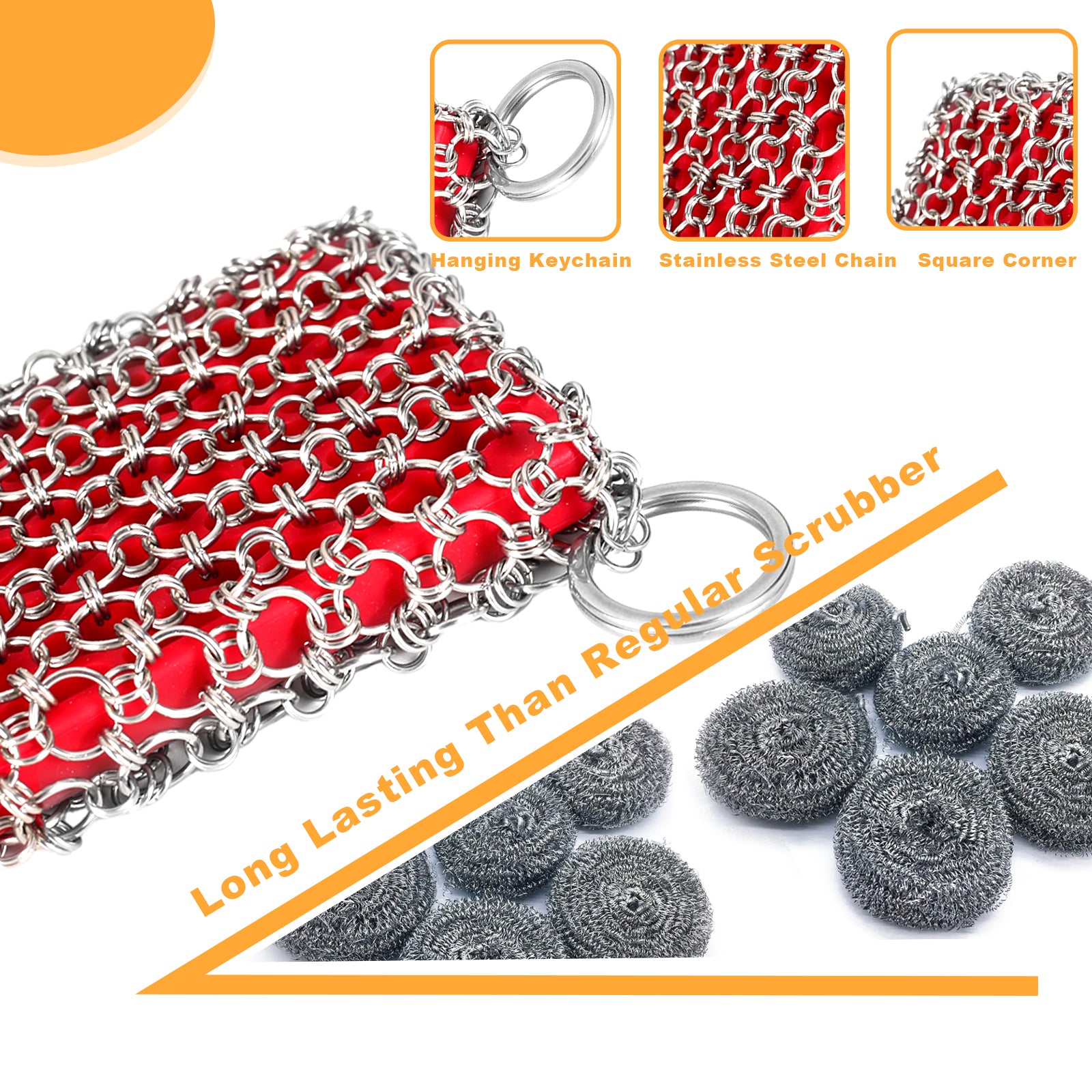 TEZZ Cast Iron Scrubber, Skillet Chainmail Scrubber for Cast Iron Pan - Chain Mail Scrubber Cast Iron Sponge - Metal Scrubber Cast Iron Skillet Cleaner, Wok, Frying Pans, Dutch Oven Cleaning Scrubber