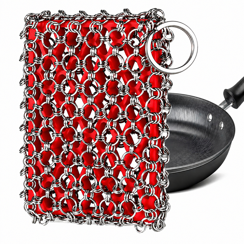 TEZZ Cast Iron Scrubber, Skillet Chainmail Scrubber for Cast Iron Pan - Chain Mail Scrubber Cast Iron Sponge - Metal Scrubber Cast Iron Skillet Cleaner, Wok, Frying Pans, Dutch Oven Cleaning Scrubber