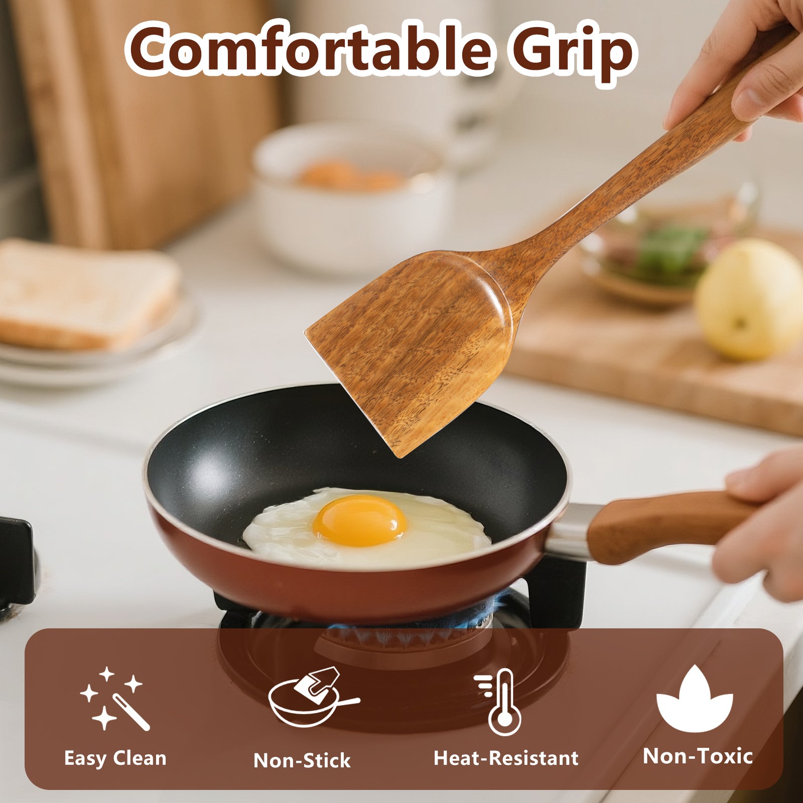 Tezz Wood Kitchen Utensils Set, 5 PCs Natural Acacia Wooden Spoons For Cooking for Non-stick Skillet, Utensil set For Cooking With Soup Ladle and Wok Spatulas, Salad fork, Spurtles for Cooking