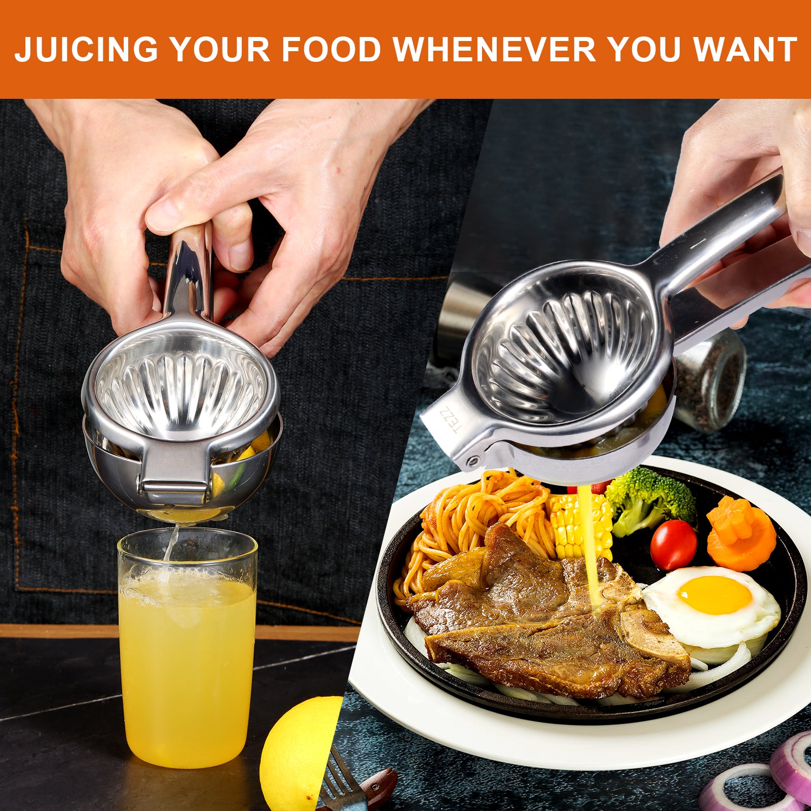 Tezz Upgrated Extra Large Lemon Squeezer, Heavy Duty Handhelp Orange Juicer with 3.47'' extra big Filter Bowl, Stainless Steel Hand Press Citrus Juicer, Lime Squeezer Bar Tool, Manual Citrus Press