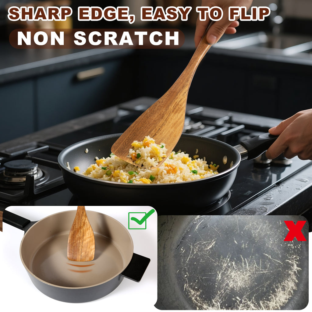 Tezz Wooden Spatulas, 2 PCs Natural Acacia Wooden Cooking Utensils Set for Non-stick Pan Kitchen Tool, flipping and Wok Spatula, Wooden Spoons & Spurtle for Cooking