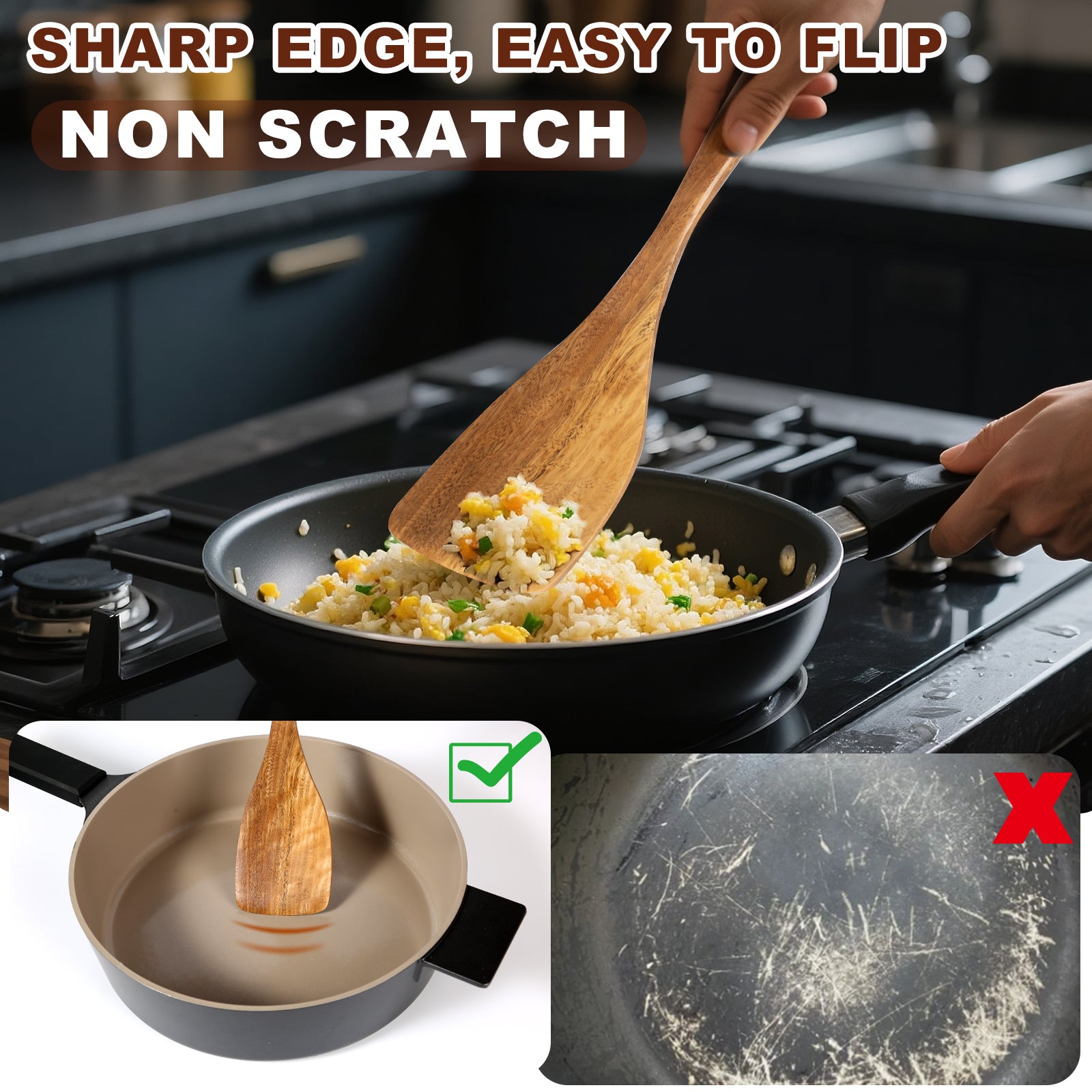 Tezz Wood Kitchen Utensils Set, 5 PCs Natural Acacia Wooden Spoons For Cooking for Non-stick Skillet, Utensil set For Cooking With Soup Ladle and Wok Spatulas, Salad fork, Spurtles for Cooking