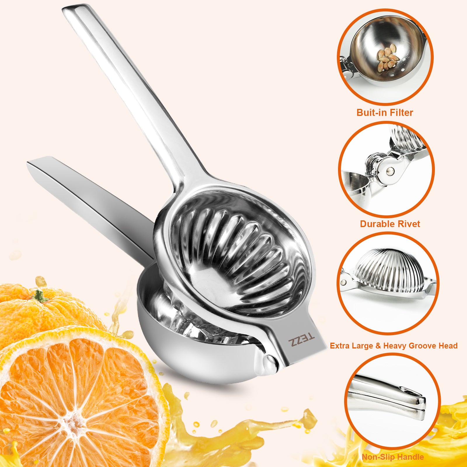 Tezz Upgrated Extra Large Lemon Squeezer, Heavy Duty Handhelp Orange Juicer with 3.47'' extra big Filter Bowl, Stainless Steel Hand Press Citrus Juicer, Lime Squeezer Bar Tool, Manual Citrus Press