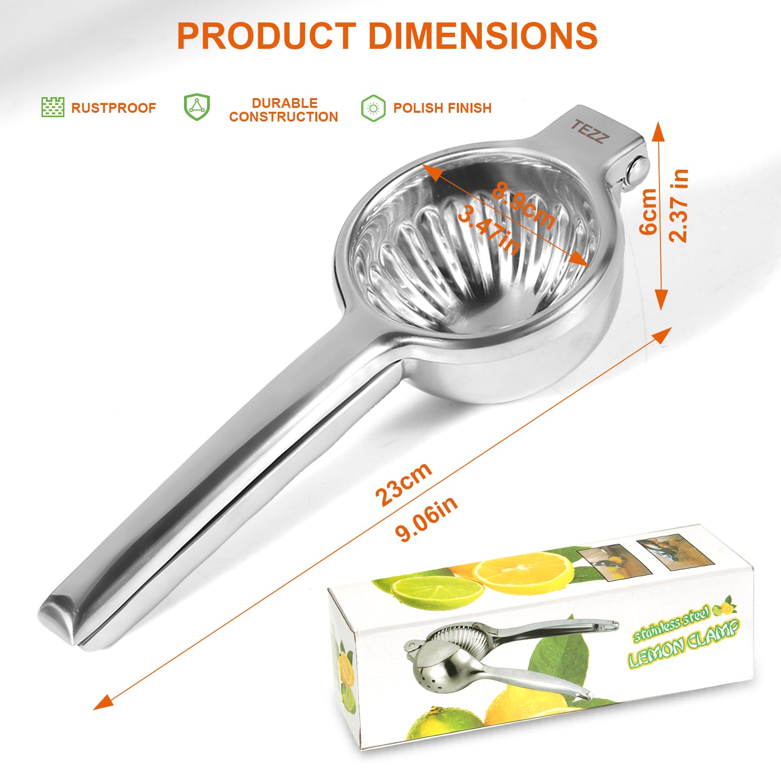 Tezz Upgrated Extra Large Lemon Squeezer, Heavy Duty Handhelp Orange Juicer with 3.47'' extra big Filter Bowl, Stainless Steel Hand Press Citrus Juicer, Lime Squeezer Bar Tool, Manual Citrus Press