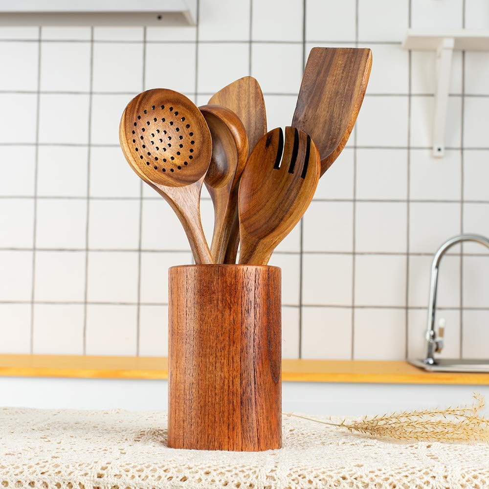 Tezz Wood Kitchen Utensils Set, 5 PCs Natural Acacia Wooden Spoons For Cooking for Non-stick Skillet, Utensil set For Cooking With Soup Ladle and Wok Spatulas, Salad fork, Spurtles for Cooking