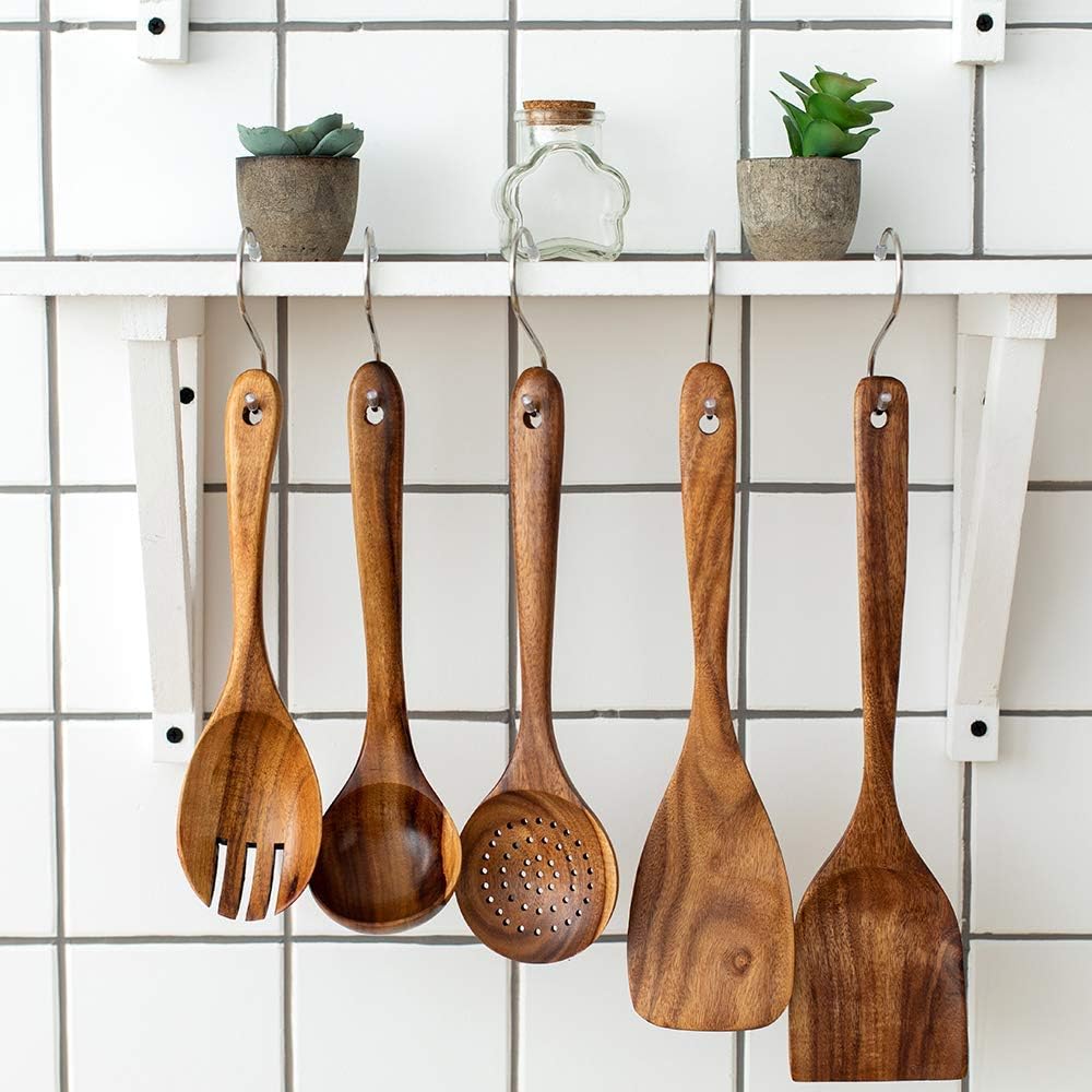 Tezz Wood Kitchen Utensils Set, 5 PCs Natural Acacia Wooden Spoons For Cooking for Non-stick Skillet, Utensil set For Cooking With Soup Ladle and Wok Spatulas, Salad fork, Spurtles for Cooking