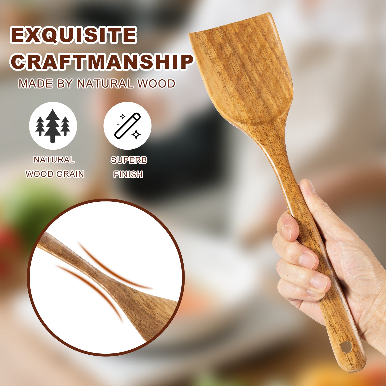 Tezz Wood Kitchen Utensils Set, 5 PCs Natural Acacia Wooden Spoons For Cooking for Non-stick Skillet, Utensil set For Cooking With Soup Ladle and Wok Spatulas, Salad fork, Spurtles for Cooking