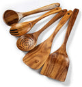 Tezz Wood Kitchen Utensils Set, 5 PCs Natural Acacia Wooden Spoons For Cooking for Non-stick Skillet, Utensil set For Cooking With Soup Ladle and Wok Spatulas, Salad fork, Spurtles for Cooking