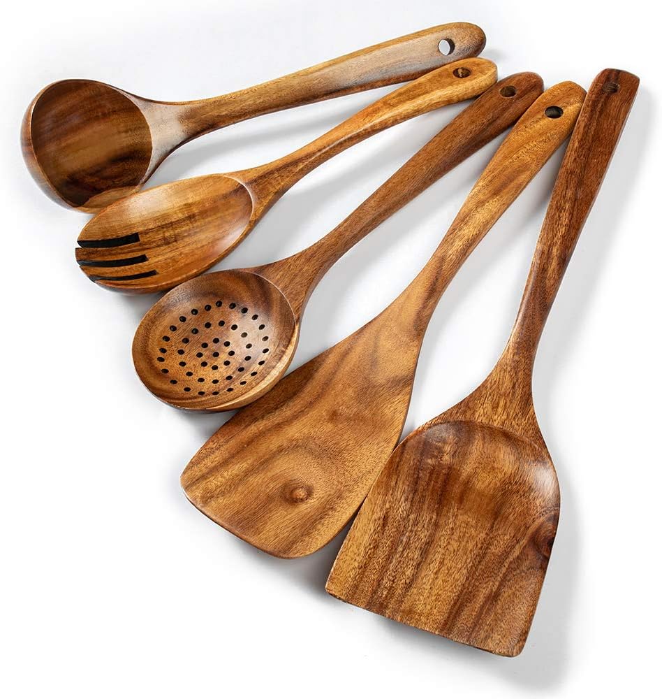 Tezz Wood Kitchen Utensils Set, 5 PCs Natural Acacia Wooden Spoons For Cooking for Non-stick Skillet, Utensil set For Cooking With Soup Ladle and Wok Spatulas, Salad fork, Spurtles for Cooking