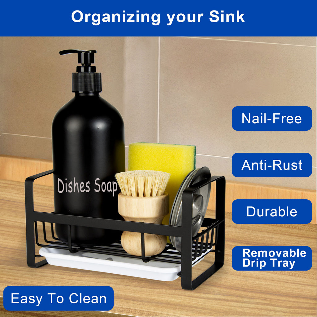 Tezz Sponge Holder for Kitchen Sink- Stainless Steel Kitchen Sink Caddy for Organizing Sponge, Brush & Soap Dish Dispenser, coutertop Organizer Rack with Adhesive or Counter top, Black
