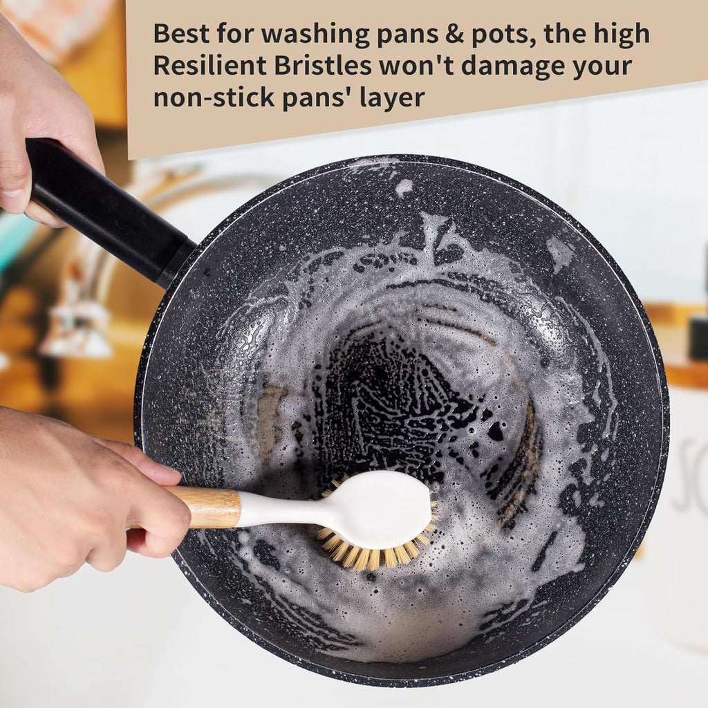Tezz Kitchen Dish & Cast Iron Brush with Scraper, [2 Pack] Skillet Scrub Cleaner with Handle, Kitchen Cleaning Scrubber for Dishes, Pots, Cast Iron Skillet, Non-Stick Frying Pans, Sinks and House Cleaning