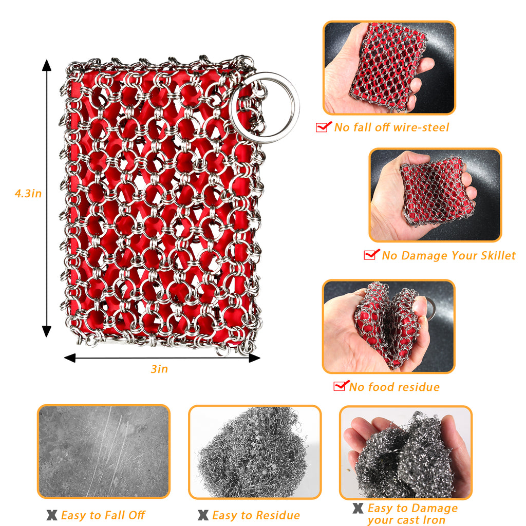 TEZZ Cast Iron Scrubber, Skillet Chainmail Scrubber for Cast Iron Pan - Chain Mail Scrubber Cast Iron Sponge - Metal Scrubber Cast Iron Skillet Cleaner, Wok, Frying Pans, Dutch Oven Cleaning Scrubber