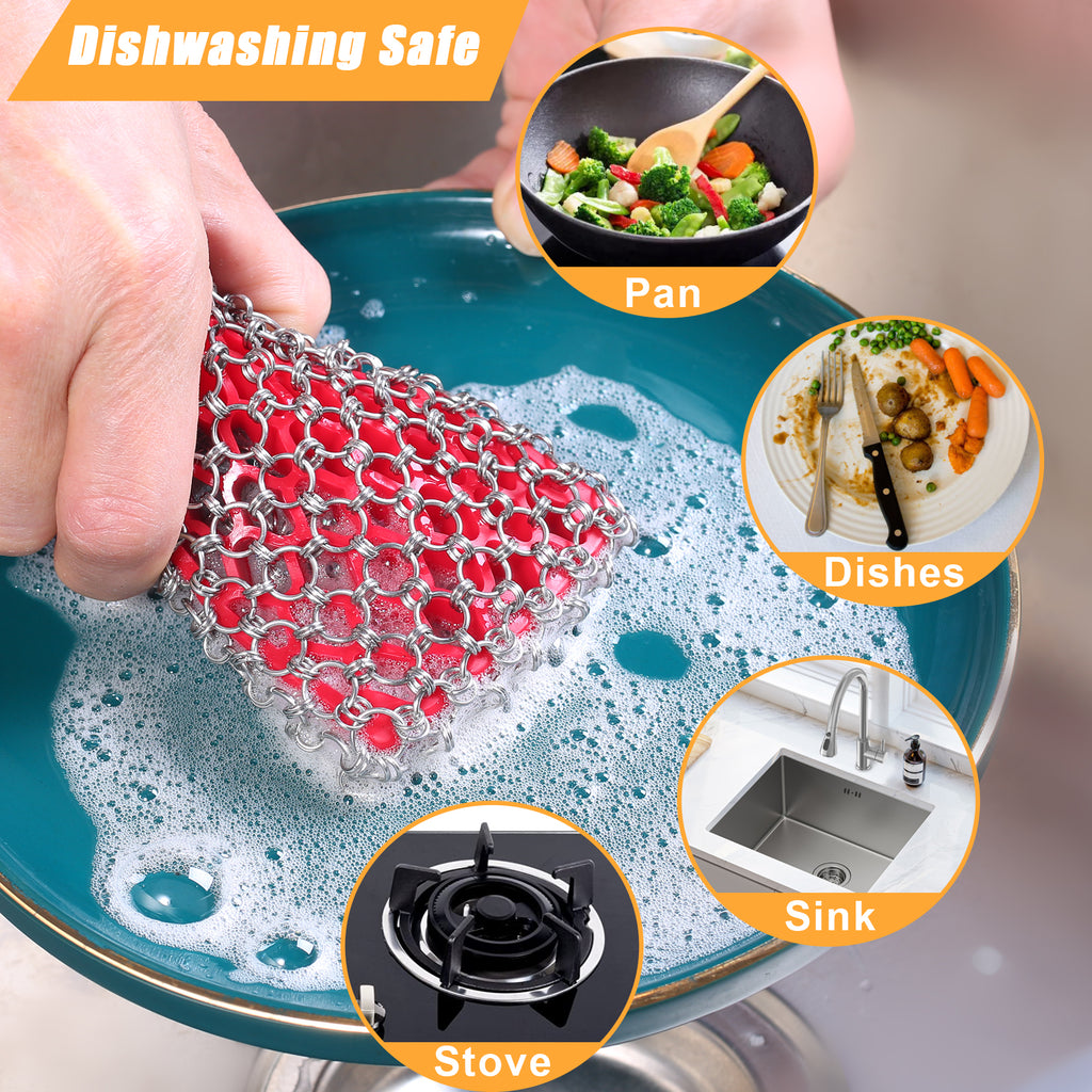 TEZZ Cast Iron Scrubber, Skillet Chainmail Scrubber for Cast Iron Pan - Chain Mail Scrubber Cast Iron Sponge - Metal Scrubber Cast Iron Skillet Cleaner, Wok, Frying Pans, Dutch Oven Cleaning Scrubber